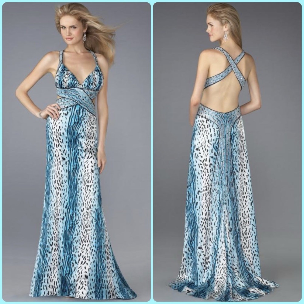 Vintage Caché Gown Y2K‎ Blue Cheetah Print Sequins Beaded Sz 4 Formal Prom Dress